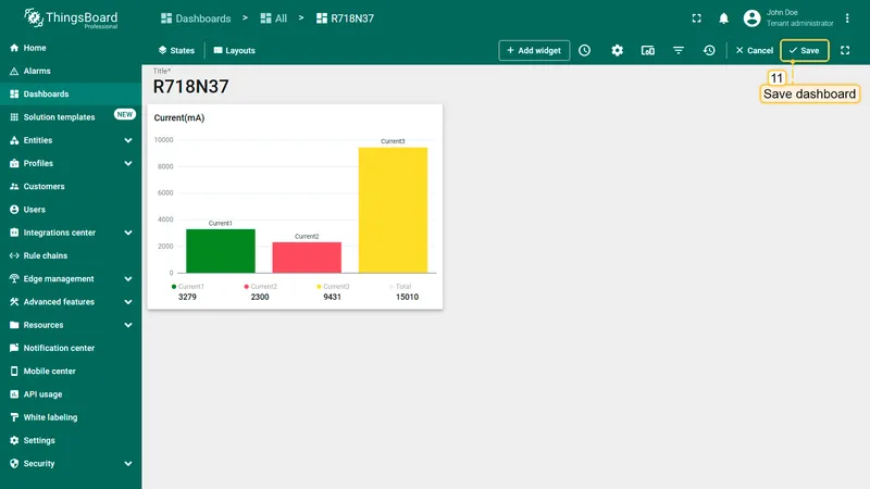 Dashboard with Bars widget resized and Save button