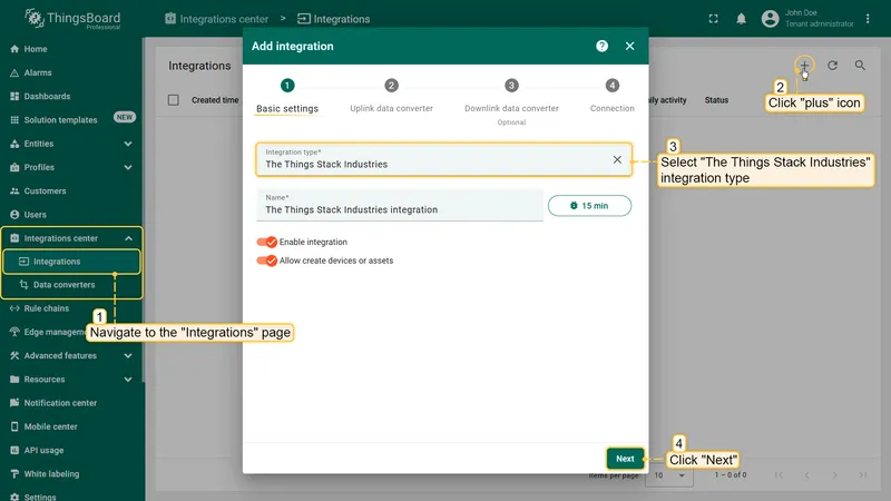 ThingsBoard Integrations page with The Things Stack Community selected