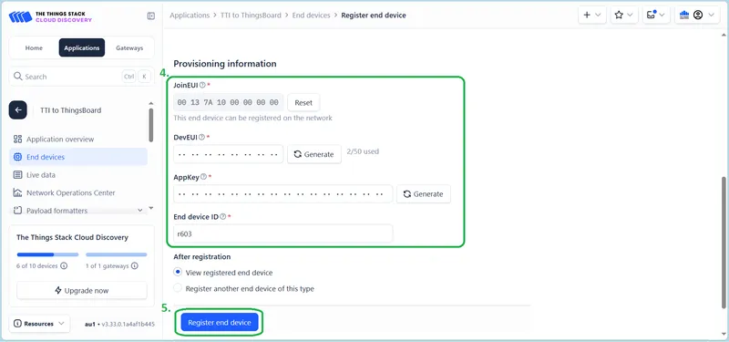 Register end device form with provisioning information