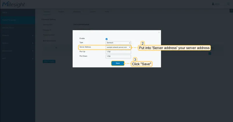 Put into "**Server address**" your server address, in our case it is **sample.network.server.com**. Click "**Save**" button.