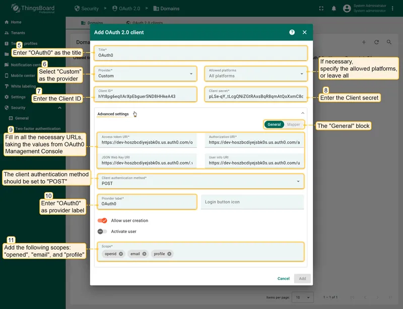Auth0 OAuth client configuration in ThingsBoard