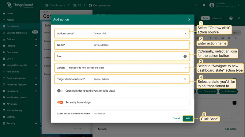 Configure On row click action