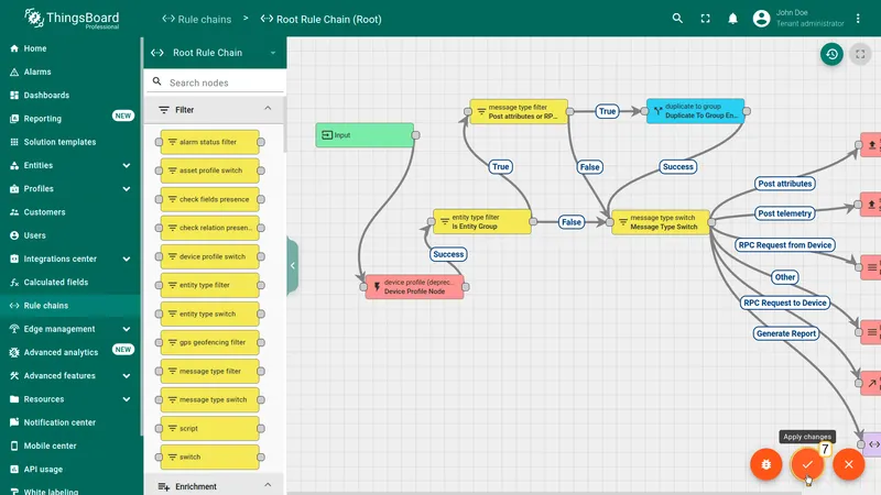Root Rule Chain in edit mode with Apply changes button highlighted after enabling Debug mode