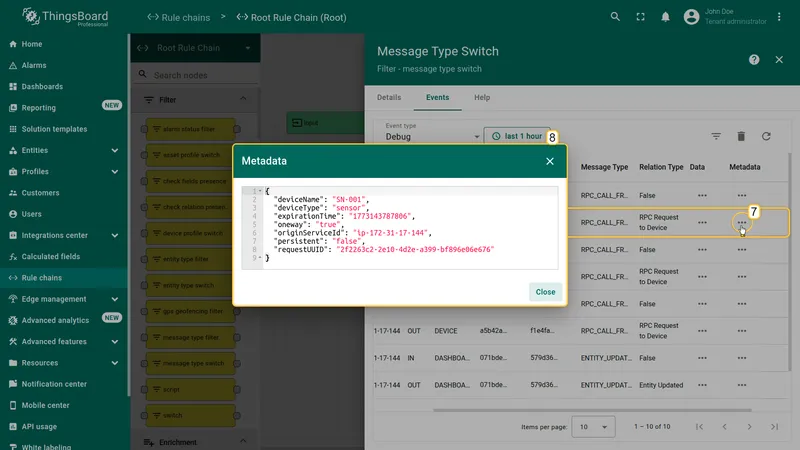 Message Type Switch node Events tab — Metadata popup showing oneway true, deviceName SN-001, deviceType sensor, requestUUID, expirationTime, persistent false
