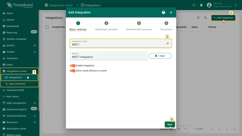 Add integration wizard — step 1 Basic settings: Integration type MQTT, name "MQTT integration", Enable integration and Allow create devices or assets toggles on, Next button