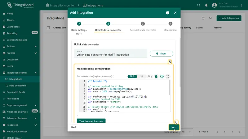 Add integration wizard — step 2 Uplink data converter: name "Uplink data converter for MQTT integration", TBEL decoder script in Main decoding configuration, Next button
