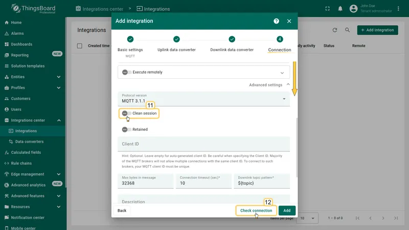 Add integration wizard — step 4 Connection Advanced settings: Protocol version MQTT 3.1.1, Clean session unchecked, Retained unchecked, Downlink topic pattern ${topic}