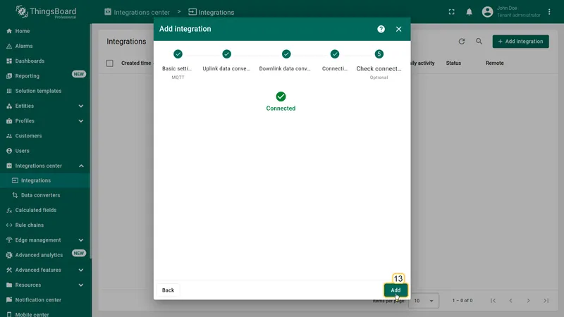 Add integration wizard — step 5 Check connection (Optional): green checkmark with Connected status, Add button