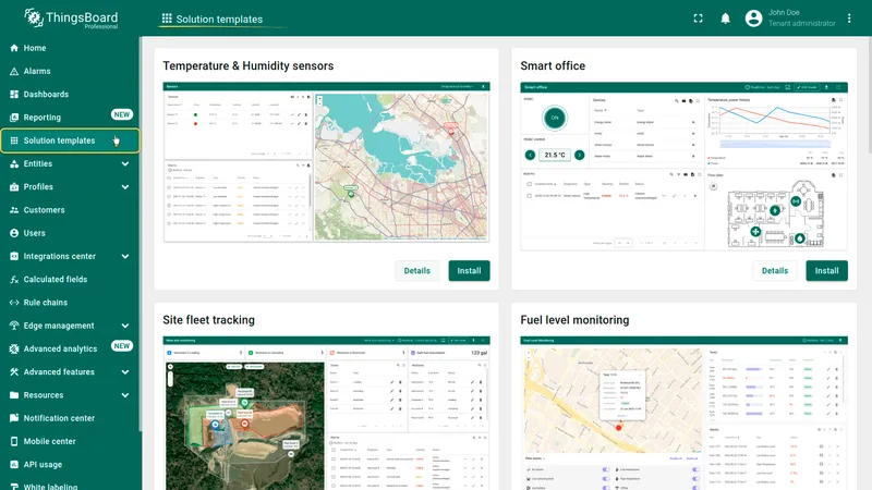 Solution templates page in ThingsBoard