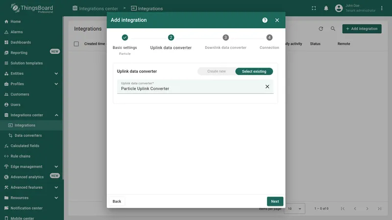 Add integration wizard — Uplink data converter step: Select existing tab active with Particle Uplink Converter selected