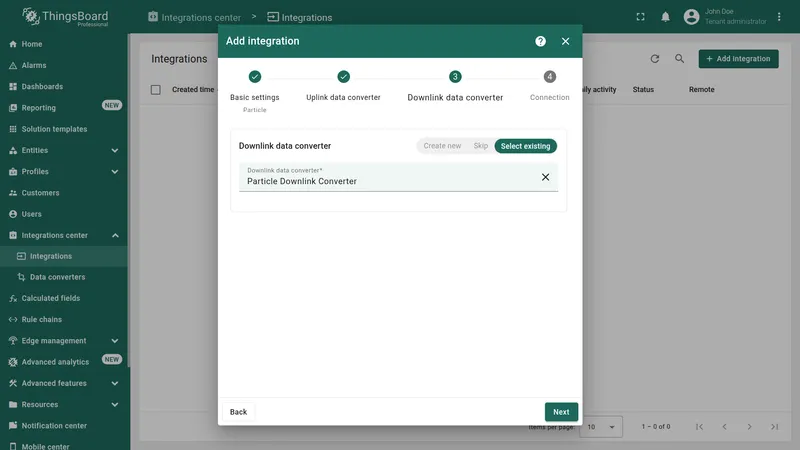 Add integration wizard — Downlink data converter step: Select existing tab active with Particle Downlink Converter selected