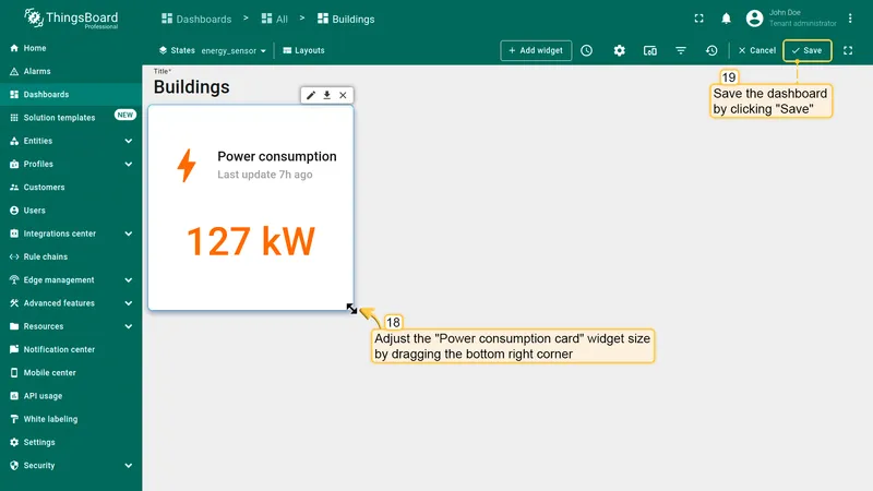 Resize the Power consumption card widget and save the dashboard