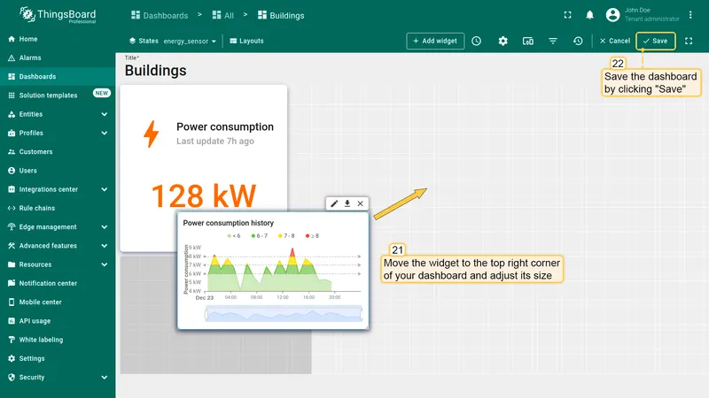 Place widget and save dashboard