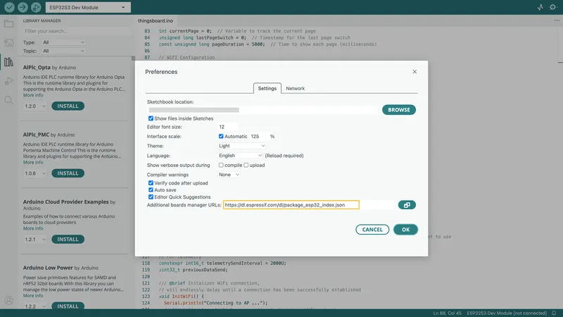 Go to **File > Preferences** and add the following URL to the **Additional Boards Manager URLs** field: https://dl.espressif.com/dl/package_esp32_index.json