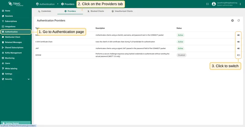 Toggle X.509 authentication provider from the Providers table