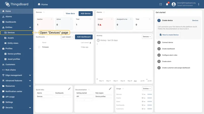 Navigate to Devices on the ThingsBoard server