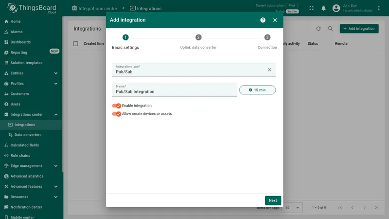Add integration wizard — Basic settings: Integration type set to Pub/Sub, name Pub/Sub integration
