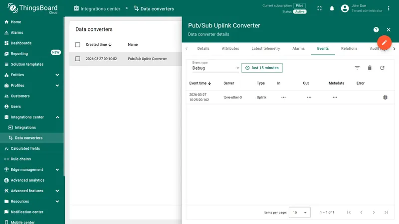 Data converters Events tab — Pub/Sub Uplink Converter with one Uplink event listed