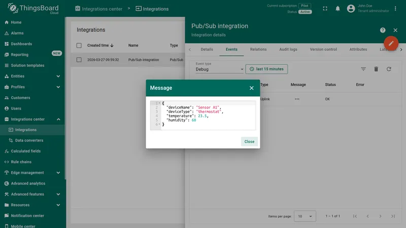 Integration Events tab with Message dialog showing raw JSON: deviceName, deviceType, temperature, humidity