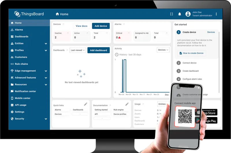 Desktop ThingsBoard dashboard alongside a hand holding a phone scanning the QR code widget