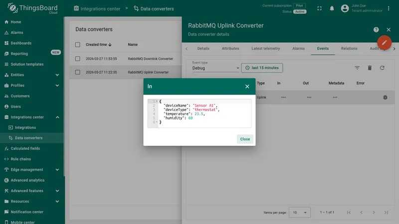 Converter event In dialog — raw JSON: deviceName Sensor A1, deviceType thermostat, temperature 23.5, humidity 60
