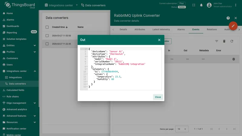 Converter event Out dialog — decoded result with deviceName, deviceType, attributes (model, serialNumber, integrationName), telemetry (temperature 23.5, humidity 60)