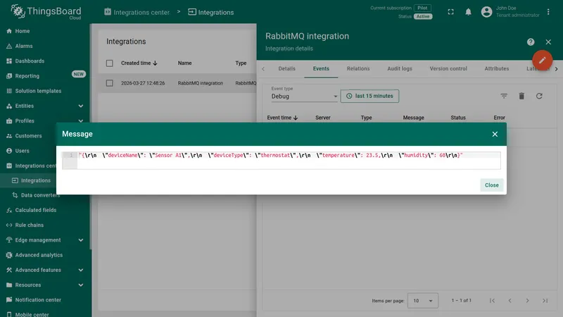 Integration Events tab — Message dialog showing raw JSON: deviceName Sensor A1, deviceType thermostat, temperature 23.5, humidity 60