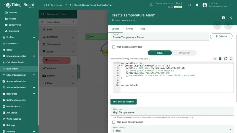 Create Temperature Alarm node configuration