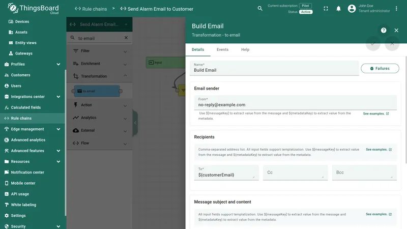 Build Email To Email node showing sender address and recipient field with ${customerEmail}