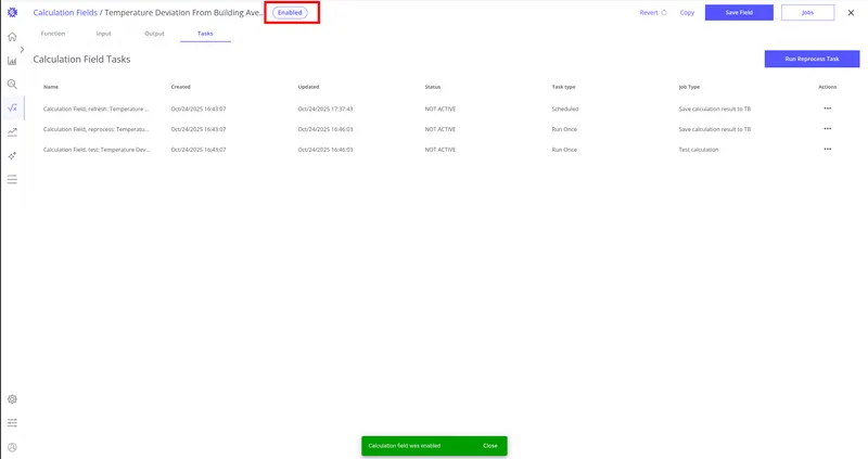 Calculation field showing the Enabled status after the refresh task is configured