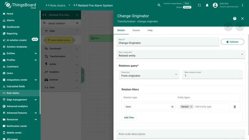 Change originator rule node configuration