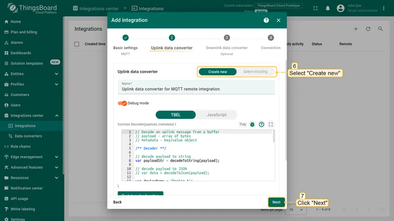 Add integration wizard — step 2: Uplink data converter — Create new tab active, default TBEL decoder script shown, Next button highlighted
