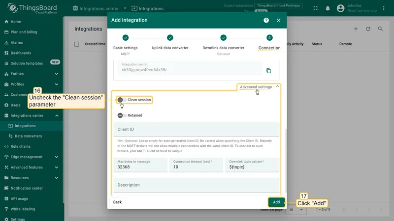Add integration wizard — step 4: Connection scrolled down — Advanced settings expanded, Clean session toggle disabled, Add button highlighted