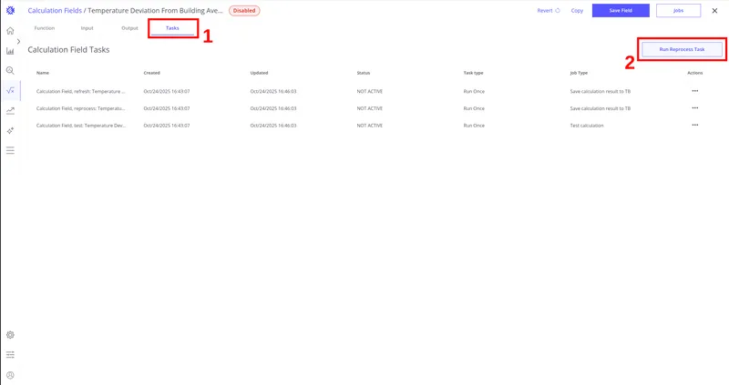 Tasks tab with the Run Reprocess Task button