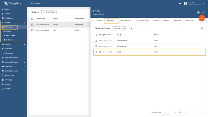 Attribute data in ThingsBoard