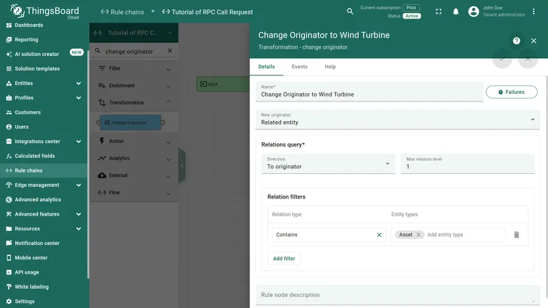 Change Originator to Wind Turbine node configuration
