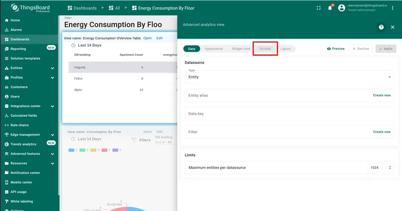 Widget edit panel with Actions tab highlighted