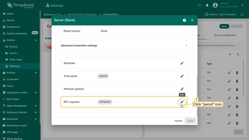 Click the pencil icon to open RPC requests configuration