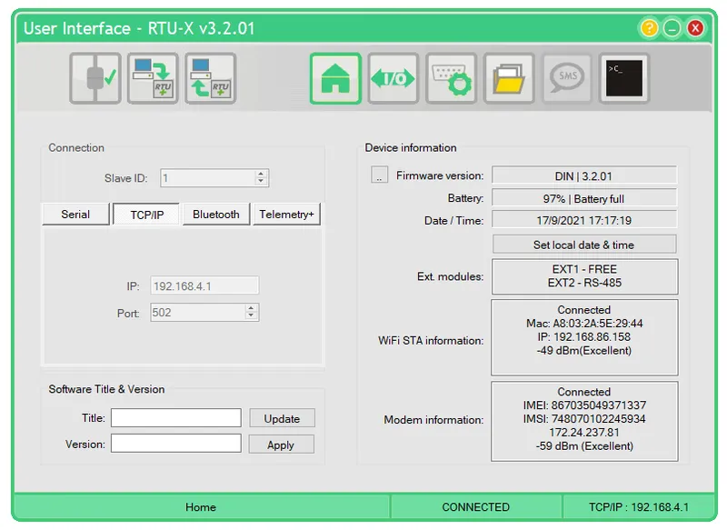 RTU-X Configuration Interface showing connected status