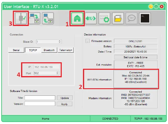 RTU-X Home page showing WiFi STA IP address