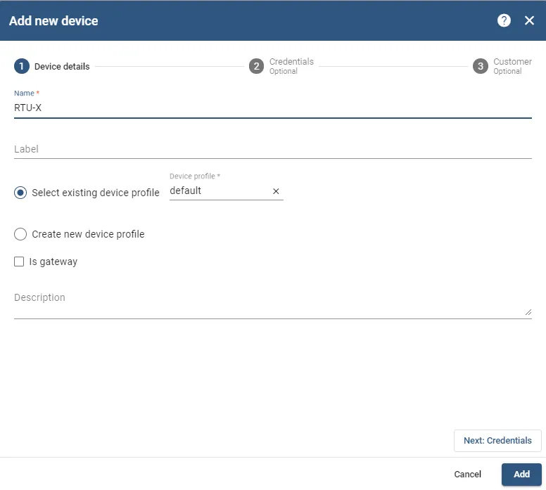 ThingsBoard Devices page adding RTU-X device