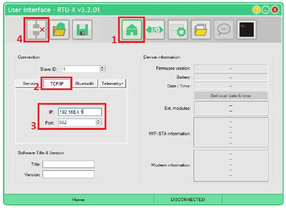 RTU-X Configuration Interface TCP/IP connection dialog