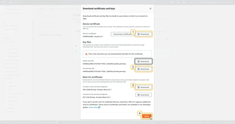 Download certificates and keys dialog — device certificate, private key, and Root CA download buttons