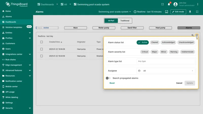 Alarm filters configuration