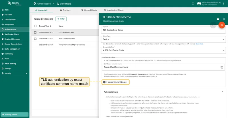 TLS authentication with "Use certificate CN regex" disabled