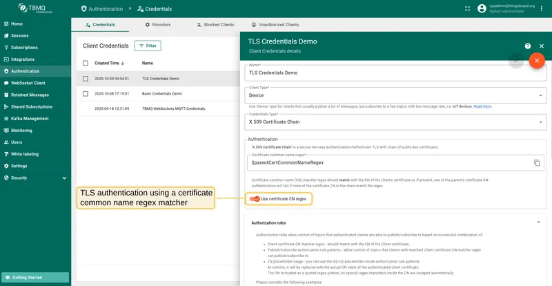 TLS authentication with "Use certificate CN regex" enabled