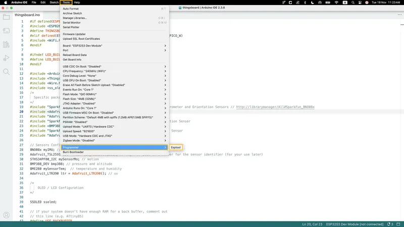 Go to **Tools > Programmer** and select **Esptool** as a programmer.