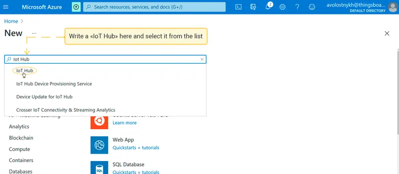 Azure Marketplace New page — IoT Hub typed in the search box with IoT Hub result highlighted