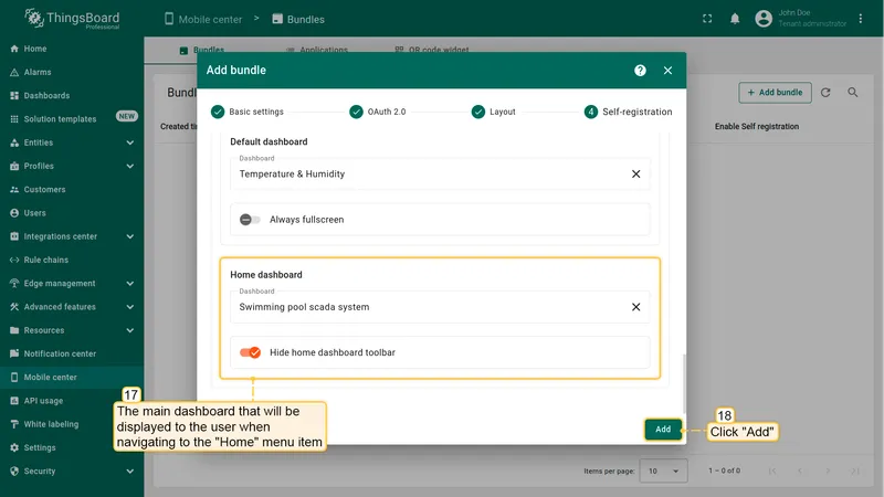 Home dashboard field with dashboard selector and Hide toolbar option, and Add button at bottom