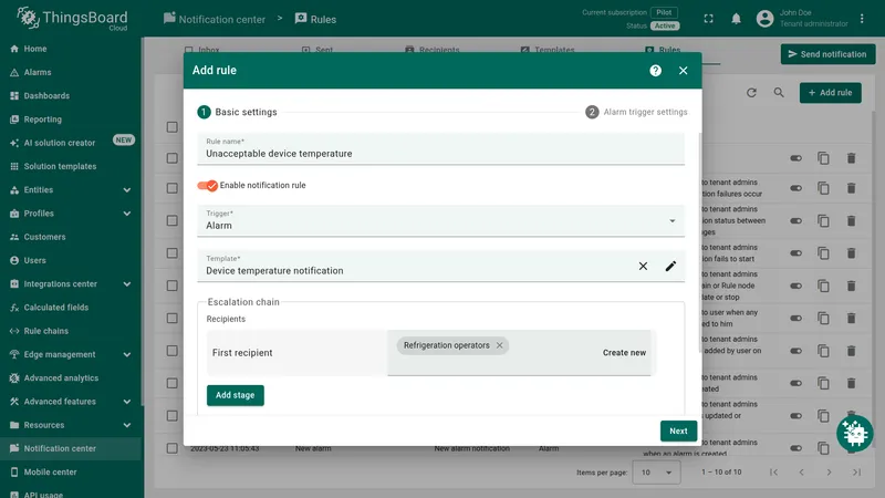 Add rule dialog — Basic settings step with Rule name set to Unacceptable device temperature, Trigger to Alarm, Template to Device temperature notification, and Refrigeration operators added as First recipient